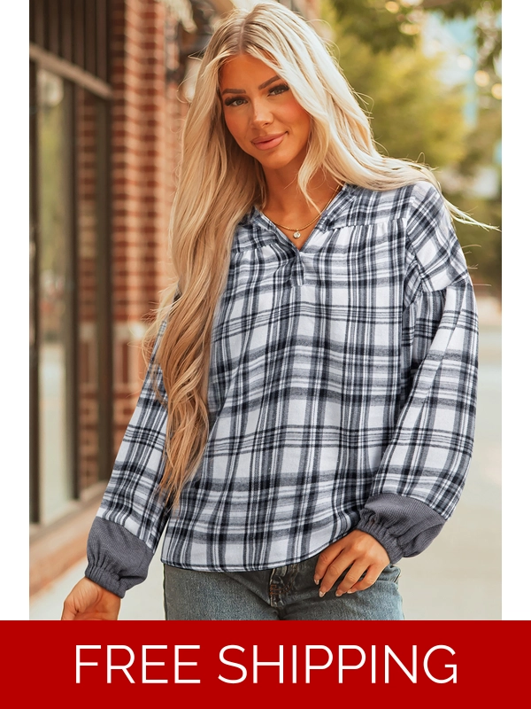 Gray Plaid Patchwork Long Sleeve Button Hooded Blouse
